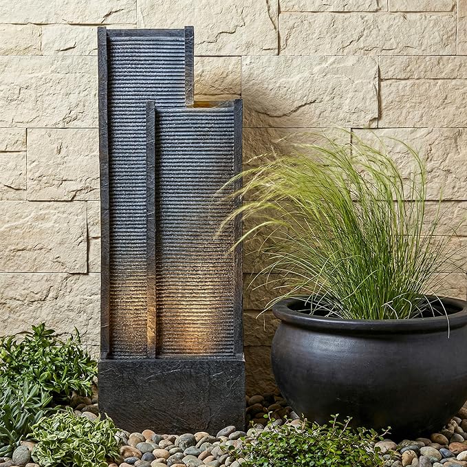 41-Inch Outdoor Water Fountain, Modern Resin Waterfall Fountain with 3 Warm LED Lights, Texture Freestanding Water Feature for Garden, Patio, Yard, Porch, Deck, Lawn, Balcony in Gray, Home Decor