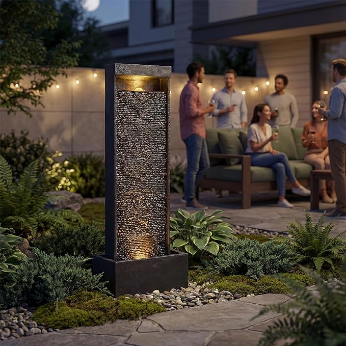 35-Inch Outdoor Water Fountain, Modern Curved Faux Slate Resin Indoor Waterfall Fountain with 2 Warm LED Lights, Home Art Decor for Garden, Patio, Yard, Deck, Porch, Balcony in Black