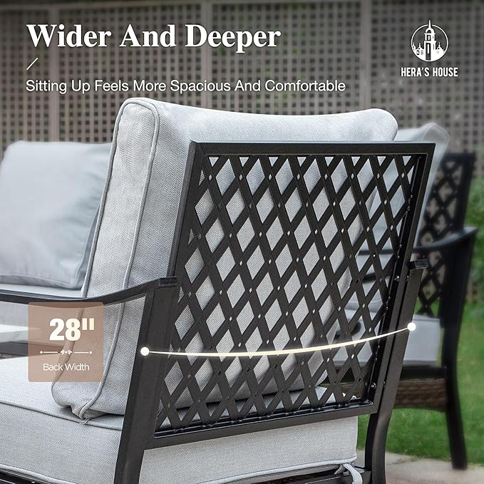 HERA'S HOUSE Patio Chairs Set of 2, High Back Outdoor Dining Chairs with Thick Cushions, All Weather Metal Frame Furniture for Garden, Backyard, Deck, Light Grey