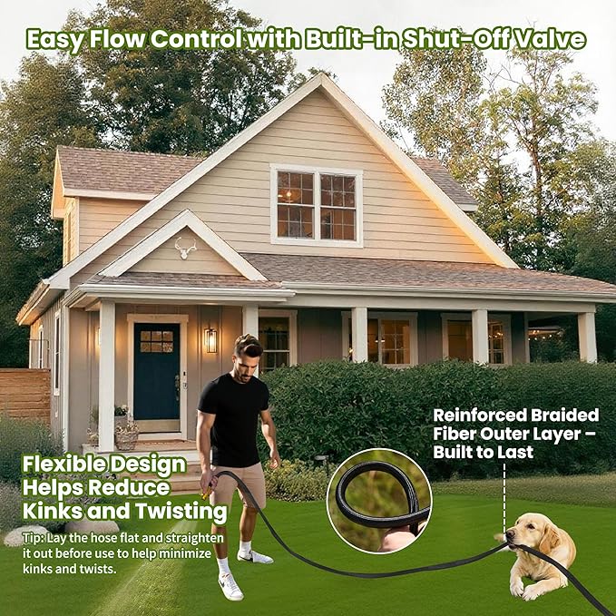 50ft Garden Hose – Lightweight & Flexible Water Hose, Leak-Proof Fabric & Non-Expandable with Shut-Off Valve for Yard, Outdoor Watering, Car Wash & RV