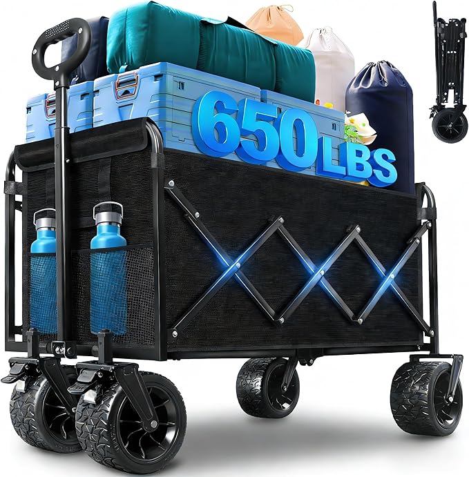 Collapsible Wagon Cart, 650lbs Capacity 300L Folding Utility Wagon with All-Terrain Wheels & Brakes, Heavy Duty Foldable Beach Cart for Groceries, Camping, Sports, Shopping – Black