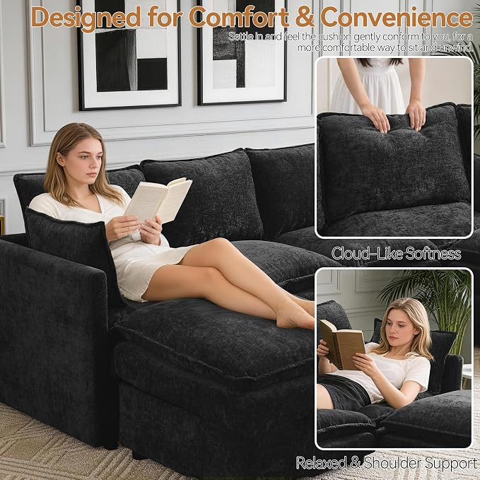30" Modular Storage Single Sofa, Deep Seat Cloud Accent Chair, Oversized Storage Cloud Chair, Modern Chenille Reading Chair for Living Room, Apartment, Bedroom, Small Space, Black