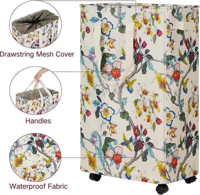 efluky Slim Laundry Hamper with Wheels, Rolling Laundry Basket for Clothes, Small Laundry Basket for Bedroom, Dorm and Laundry Room, 75L (19.8 Gallons) Floral