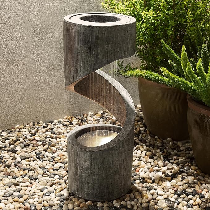 Glitzhome Outdoor Water Fountain, 31.25" H Polyresin Outdoor Fountain Spiral Waterfall Fountain with Pump and LED Lights, Modern Garden Fountain Water Feature for Patio, Backyard, Deck Decor