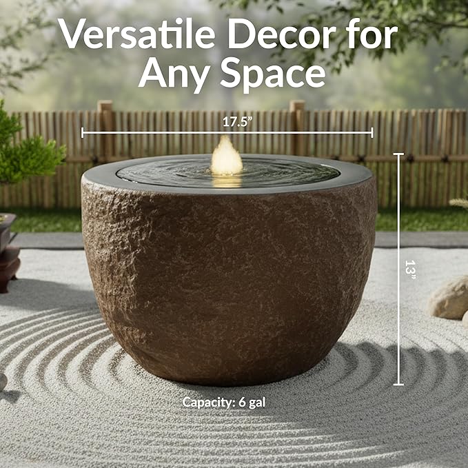 Sunnydaze Outdoor Water Fountain with LED Light - Polystone Oval Bowl Bubbler Water Feature with Pump - 13" H - for Patio, Garden, Deck, Relaxation and Stress Relief - Brown