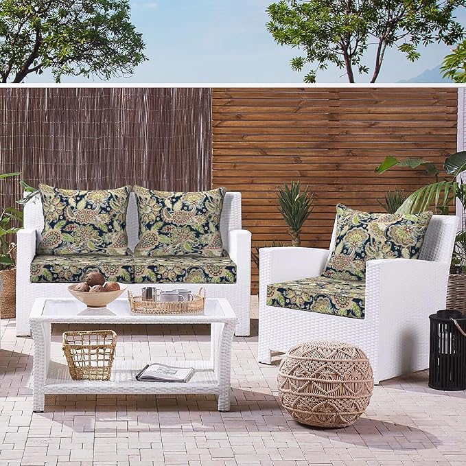 LVTXIII Outdoor/Indoor Deep Seat Cushion Patio Seat and Back Cushion Set All-Weather Replacement Chair Cushion for Wicker Chairs and Garden Furniture Decoration, 24"x24"x4", Paisley Sapphire Blue