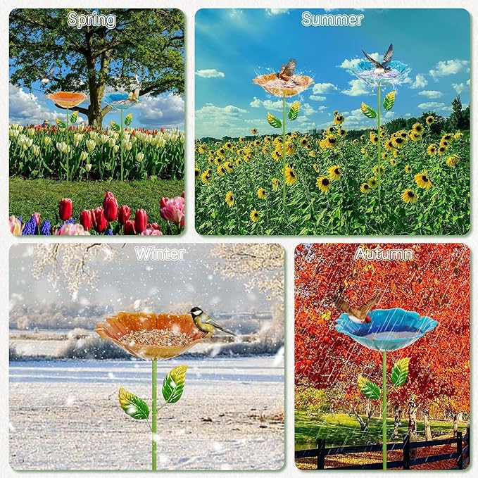 2 Pack Bird Baths for Outdoors, Colorful Metal Bird Bath for Outside, Hummingbird Bath with Five Stakes, Garden Flower Small Birdbath for Garden Decor, 31.3" H x 10.63" Dia (Blue,Yellow)