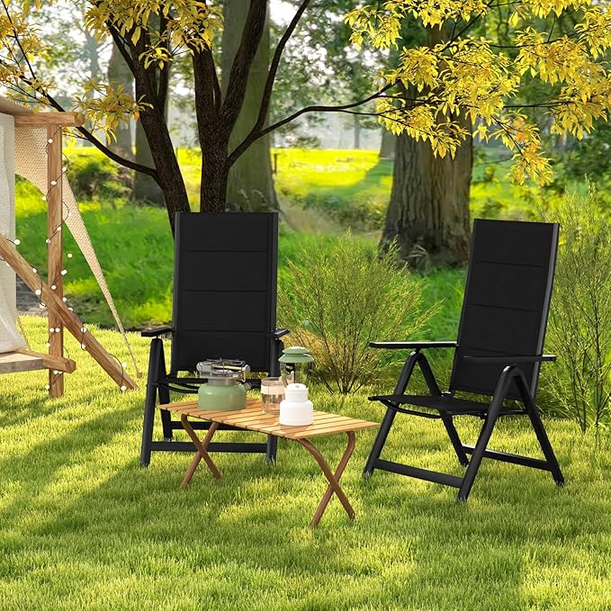 Tangkula Patio Folding Chair, Outdoor Dining Chairs with Soft Padded Seat, 7-Position Adjustable Backrest, Armrests, Portable Sling Reclining Chairs for Porch Pool Backyard Camping (1, Black)
