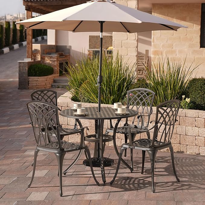 NUU GARDEN 5 Piece Outdoor Patio Dining Set, All-Weather Round Cast Aluminum Dining Table with 1.97"" Umbrella Hole and Outdoor Patio Dining Chairs for Patio, Garden, Backyard, Balcony, Bronze