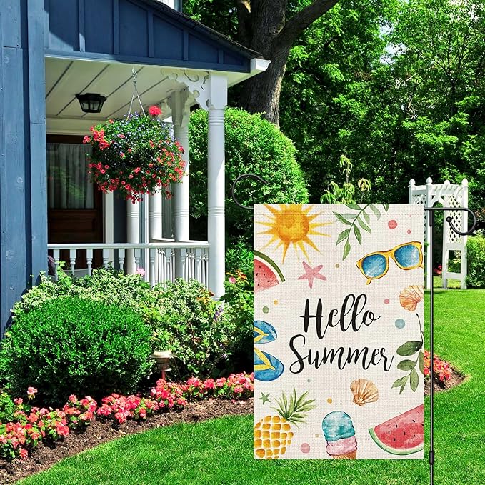 Hello Summer Garden Flag 12x18 Inch Double Sided Vertical, Small Burlap Colorful Sun Ice Cream Fruits Beach Sign Yard Outdoor Decoration