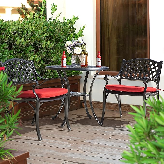NUU GARDEN 31 Inch Patio Dining Table, Cast Aluminum Patio Table with Umbrella Hole, Round Outdoor Bistro Table for Backyard, Garden, Porch, Black with Antique Bronze Edging