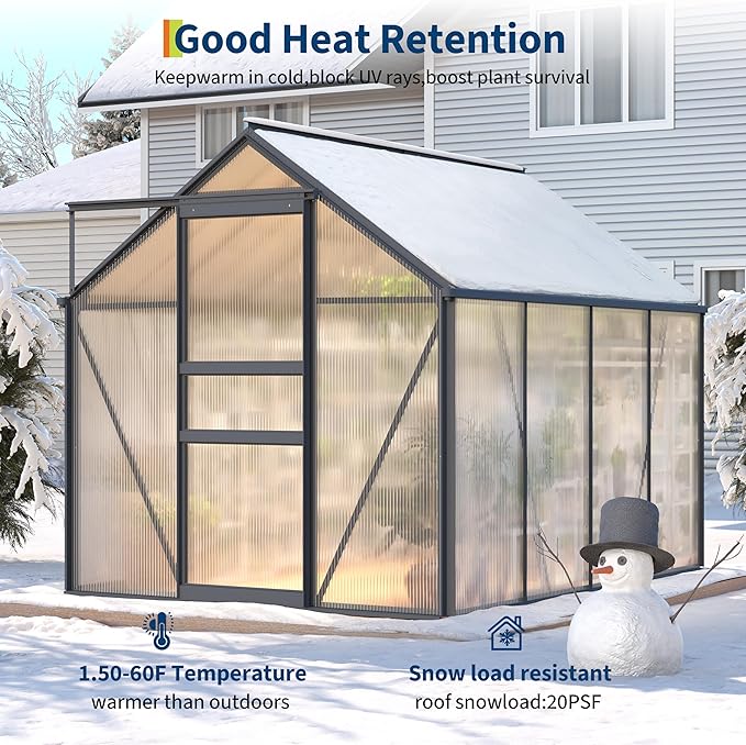 GarveeHome 6x8 FT Walk-in Polycarbonate Greenhouse - 76" High Reinforced Aluminum Frame with Base Kit, 4mm Double-Wall UV Protected Panels, 5-Position Adjustable Roof Vent & Sliding Door, 250 Cu.Ft