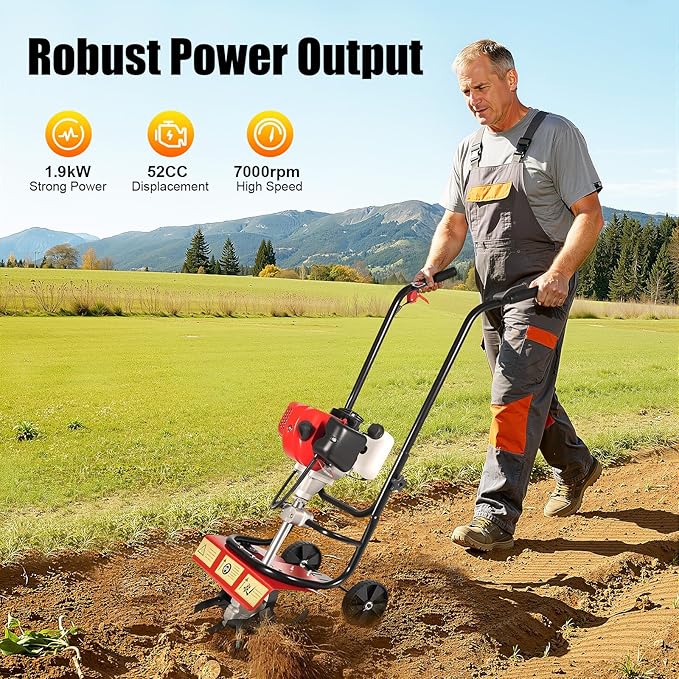 52CC 1900W Gas Powered Tiller, 2-Stroke Mini Hand Tiller with 14.17in Width, 6500-7000RPM Garden Cultivator for Soil Cultivation, Weed Removal, Small Farm, Backyard, Rotary Tiller