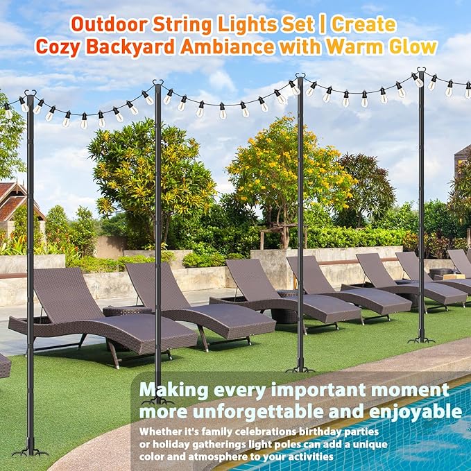 10Ft String Light Poles 2 Pack,Poles for Outdoor String Lights with Fork and Fence Clamp,Hanging Lights Metal Stand Post for Deck Patio Backyard Garden Decorations