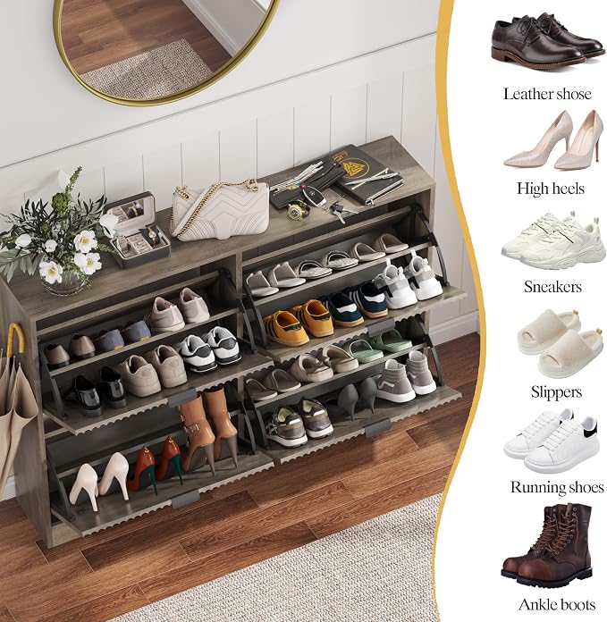 HUANLEGO Shoe Cabinet Storage for Entryway with 4 Flip Drawer, Grey