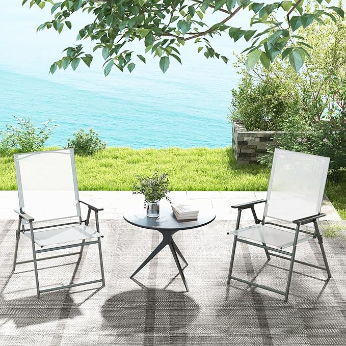 Tangkula Set of 4 Patio Folding Chairs, High Back Dining Chairs with Weather-Resistant Fabric, No Assembly, Outdoor Portable Metal Lawn Chairs with Armrests & Footrest for Garden