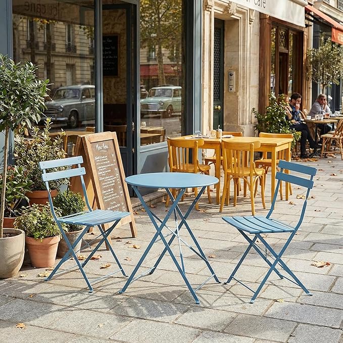 GarveeHome 3-Piece Foldable Bistro Set, Outdoor Patio Furniture with 2 Folding Chairs & 1 Table, Weather-Resistant Indoor/Outdoor Conversation Set for Patio, Blue