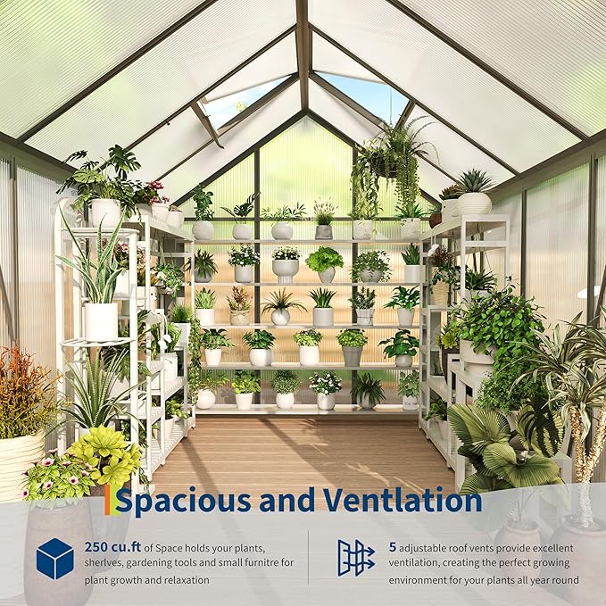 GarveeHome 6x8 FT Walk-in Polycarbonate Greenhouse - 76" High Reinforced Aluminum Frame with Base Kit, 4mm Double-Wall UV Protected Panels, 5-Position Adjustable Roof Vent & Sliding Door, 250 Cu.Ft