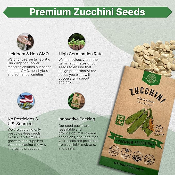 Organo Republic Dark Green Zucchini Seeds Pack 15 G - Over 150 Non-GMO Heirloom Zucchini Seeds for Planting Vegetable in Individual Seed Packet, Vegetable Seeds for Planting Indoor & Outdoor Gardening