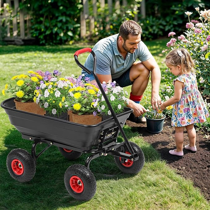 Autodaya 600lb Garden Dump Cart,4 Cu.Ft Utility Wagon Wheelbarrows with Quick-Release System&4 Pneumatic Tires,Heavy Duty Yard Dump Wagon with Steel Frame for Farm, Garden,Christmas Hauling(Black)