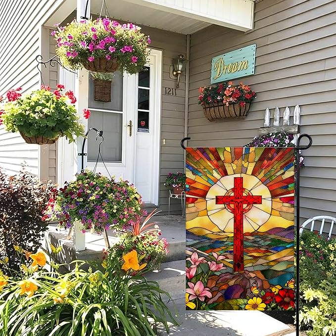 Christian Cross Religious Garden Flag Double Sided Jesus Stained Glass Style four season Garden Flag,Christ Garden Flags for Outside Lawn House Outdoor Yard Sign Garden Decor 12x18 Inch
