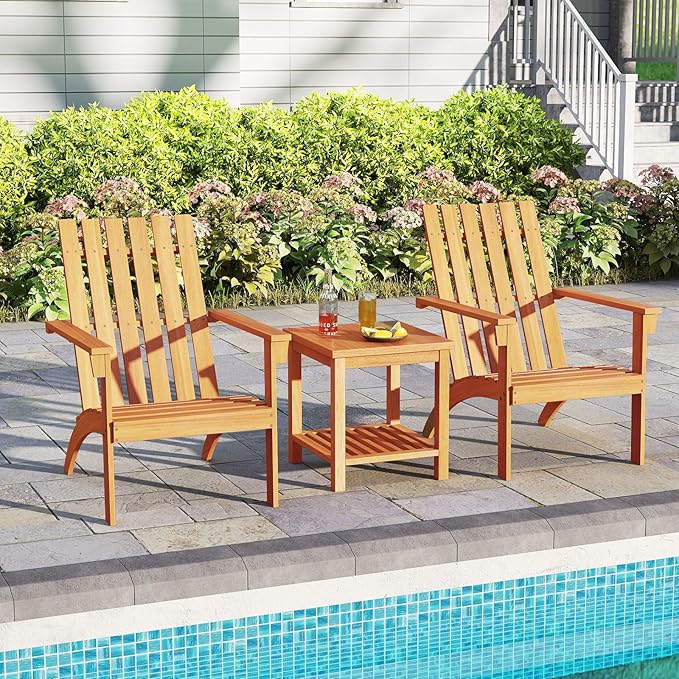Tangkula Outdoor Adirondack Chair, Solid Acacia Wood Fire Pit Chair with Inclined Backrest, Curved Seat & Wide Armrests, Wooden Lawn Chair for Porch, Patio, Garden, Backyard, Deck (2, Natural)
