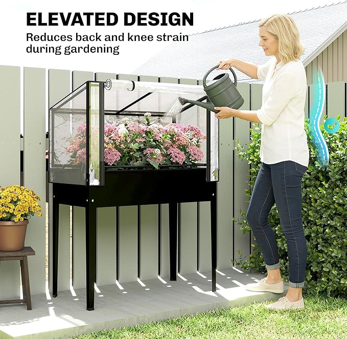Outsunny Raised Garden Bed with Flip-Up Greenhouse Cover, Metal Elevated Garden Bed with Legs and Drainage Hole, Outdoor Raised Planter Box for Vegetables Herbs Flowers, 39.4" x 18.9" x 52.8", Black