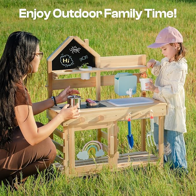ROBOTIME Outdoor Mud Kitchen for Kids, Kids Wheelbarrow with Gardening Set – Metal Wheelbarrow Toddler Outdoor Play Toy with Garden Tools