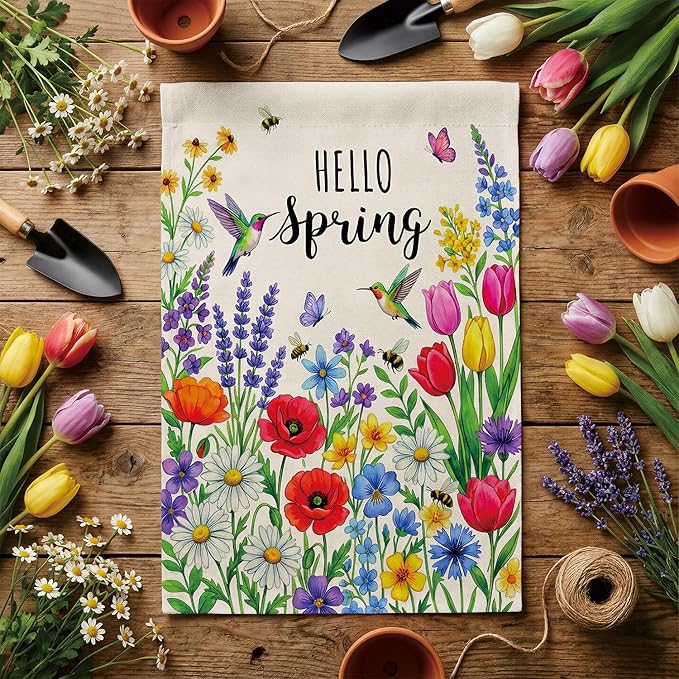 Spring Summer Floral Welcome Garden Flag Hello Spring Tulip Lavender Garden Flag 12x18 Inch Double Sided 12x18 Inch Double-Sided Linen Holiday Outdoor Yard Decorative Flag