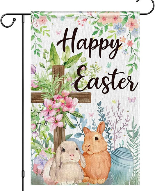 OHOME Easter Decorations - Happy Easter Garden Flag | Easter Party Decorations for Indoor Outdoor Outside - Easter Garland Banner for Front Door | Easter Backdrop Wreath for Window Wall - Easter Decor