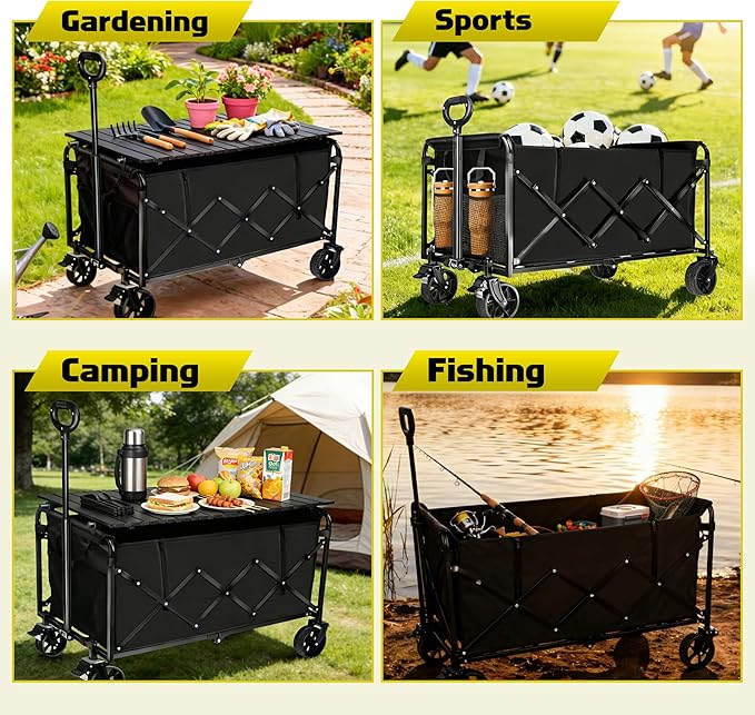 500LBS Collapsible Foldable Wagon Cart - 230L Large Wagons with Table, Heavy Duty Portable Utility Folding Cart with 360° Swivel Brakes Wheels & 2 Cup Holders, for Shopping Camping Beach Garden & Fish