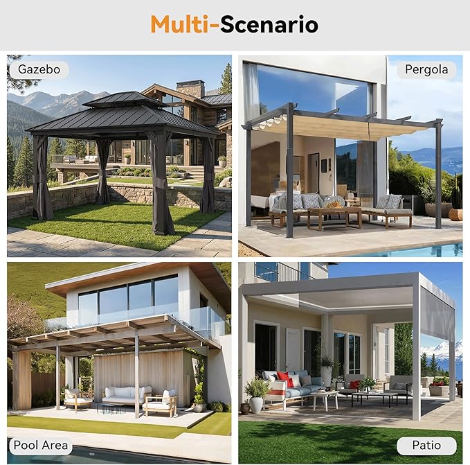 Covered Outdoor Yarn-Dyed Gazebo Curtains Replacement Universal 4-Panel Sidewalls 10' x 12', Outdoor Gazebo Privacy Curtains with Zipper, Replacement for Patio, Outdoor and Backyard (Curtain Only)