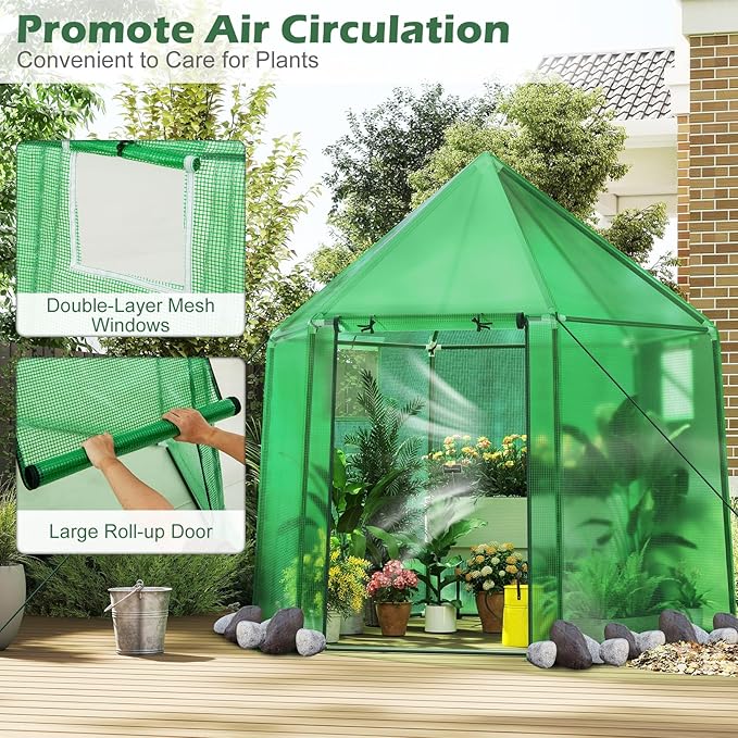 HAPPYGRILL 6.5 x 5.6 x 6.2 FT Greenhouse, Portable Outdoor Greenhouse w/ PE Cover, Rustproof PE-Coated Metal Frame, Roll-up Zippered Door, Windows, Greenhouses for Outdoors, Garden, Patio, Backyard