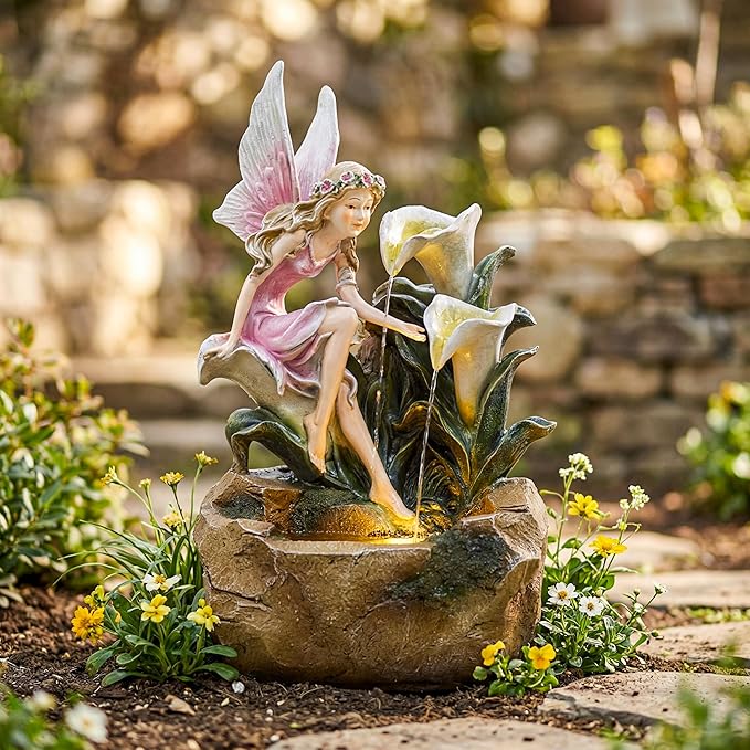 26-Inch Outdoor Water Fountain, Garden Flower Fairy Resin Waterfall Fountain with LED Light, Elegant Fantasy Outdoor Water Feature for Backyard, Lawn, Deck, Patio, Balcony in Pink, Gift Ideas
