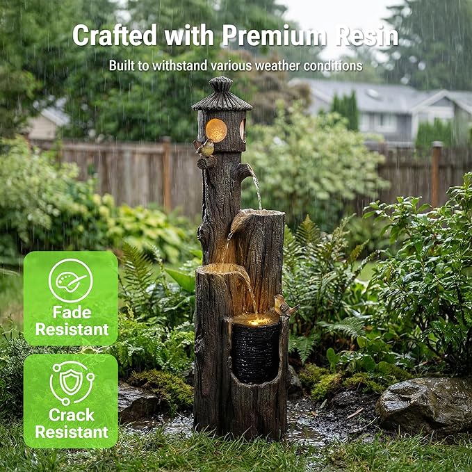 42-Inch Outdoor Water Fountain, 4-Tier Resin Birdhouse Waterfall Fountain with 4 Warm LED Lights, Rustic Tree Trunk Design, Home Decor for Garden, Porch, Deck, Yard, Patio, Lawn in Black