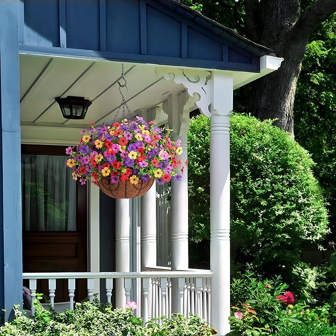 Ammyoo Artificial Faux Hanging Plants Flowers Basket for Spring Outdoor Decoration, Fake Silk Daisy UV Resistant Look Real with Eucalyptus Leaves Summer Outside Decor for Home Patio Garden