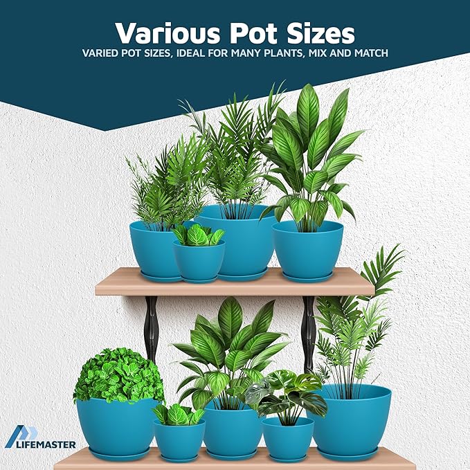 Blue Plant Pots with Drainage Holes & Saucers 20 Pack, Indoor & Outdoor Stackable Space-Saving Planters for Houseplants & Flowers, (7", 6.7", 6", 5.3", and 4.8" Inches), Durable & Weatherproof