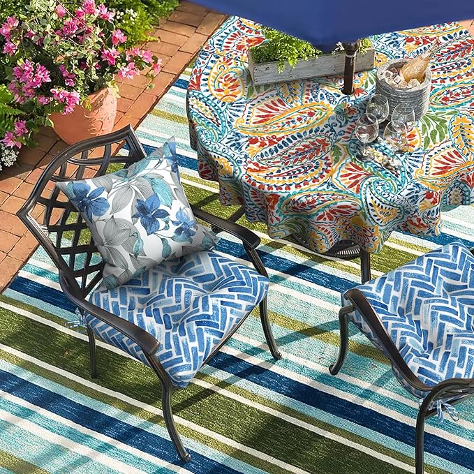 DYTXIII Set of 2 Outdoor Chair Cushions 19"x19"x4", Water Repellent Tufted Patio Seat Cushions with Ties, Thick Replacement Pads for Wicker Dining Chairs, Patio Furniture, Blue Bricks