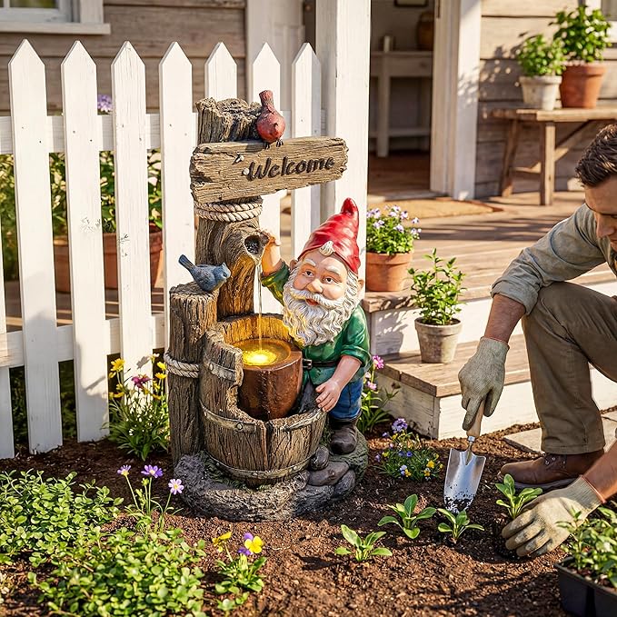 27-Inch Outdoor Water Fountain, 2-Tier Garden Gnomes Statue Resin Waterfall Fountain with Welcome Sign & Bird Accents & LED Light, Home Decor for Lawn, Patio, Porch, Backyard, Enterway in Brown