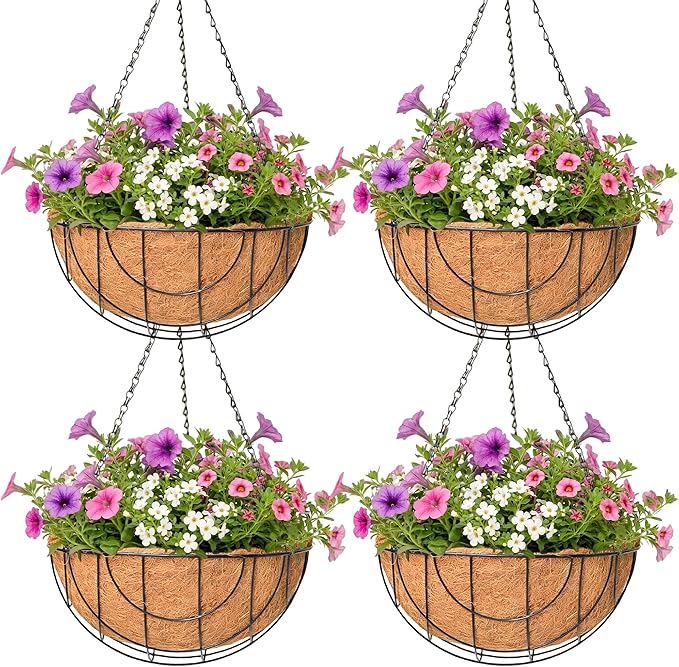 4 Pack Hanging Planter for Outdoor Plants 14 inch Metal Hanging Flower Basket with Coco Coir Liner Round Wire Plant Holder Chain Flower Pots Outdoor Garden Decoration Watering Hanging Baskets（DQ）