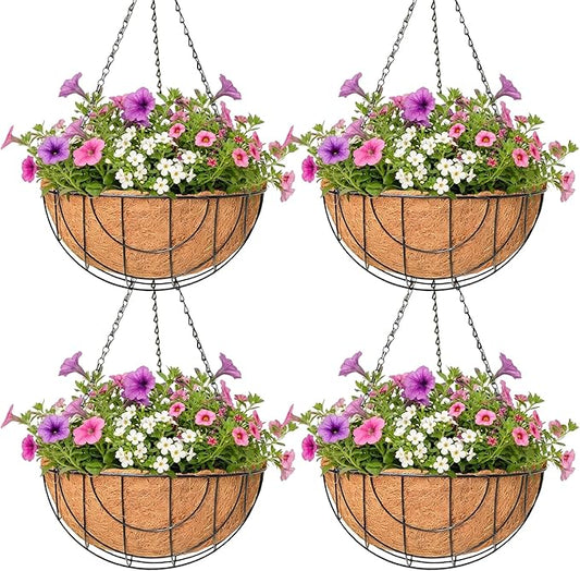 4 Pack Hanging Planter for Outdoor Plants 14 inch Metal Hanging Flower Basket with Coco Coir Liner Round Wire Plant Holder Chain Flower Pots Outdoor Garden Decoration Watering Hanging Baskets（DQ）