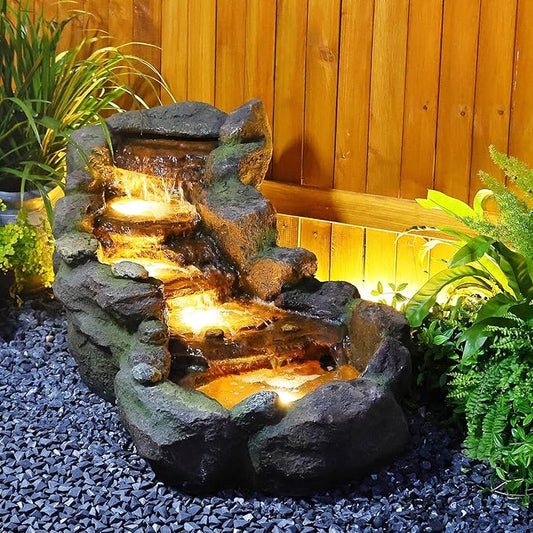 Sunlinua 42" L Outdoor Water Fountain with 3 Tiers Cascading Realistic Tree Trunk Waterfall Fountains with LED Lights Outdoor Water Fountain for Garden Patio Backyard Porch Home Decor