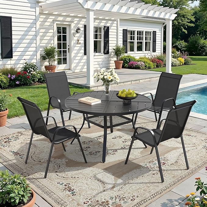 DIFY Patio Chairs Set of 4, Stackable Outdoor Dining Chairs Set with Breathable Textilene High Back and All-Weather Metal Frame for Garden, Backyard, Deck, Dark Grey