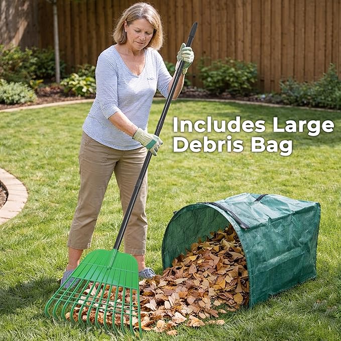 Gardzen 67 Inch Long Handle Rake for Leaves and Lawns, 12 Tines Plastic Head Leaf Rake for Artificial Grass, Pine Needles with Yard Waste Bag and Gloves