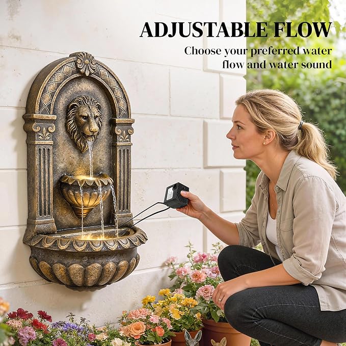 Outsunny 31" Wall-Mounted Outdoor Fountain, 3-Tier Cascading Water Feature with LED Lights and Adjustable Flow, Resin Garden Fountain for Patio Backyard, Bronze