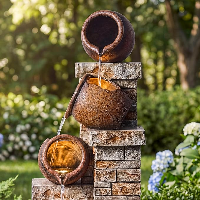 44-Inch Outdoor Water Fountain, 5-Tier Floor Standing Cascading Jars and Stacked Stones Resin Waterfall Fountain with 4 LED Lights, Home Decor for Garden, Patio, Yard, Farmhouse or Deck in Brown