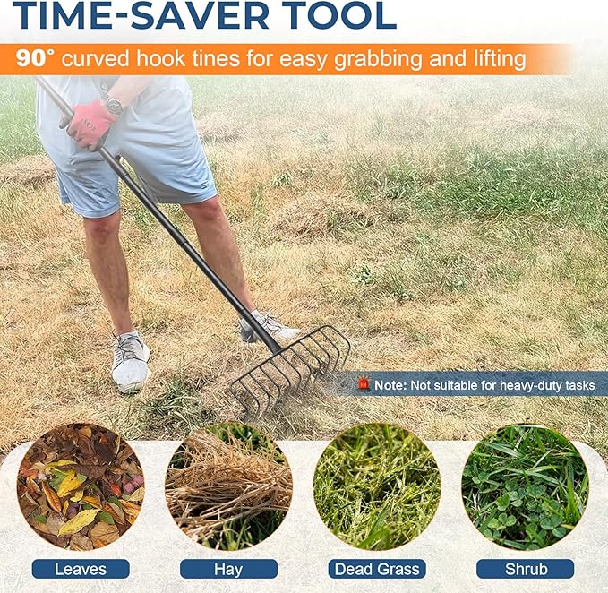 Bow Rake, Heavy Duty 16-Inch Metal Garden Rake with 72-Inch Long Handle & 11 Steel Tines – Durable Landscape Rake for Moving Soil, Gravel, Mulch, Thatch, Leaves, Hay, and Yard Debris