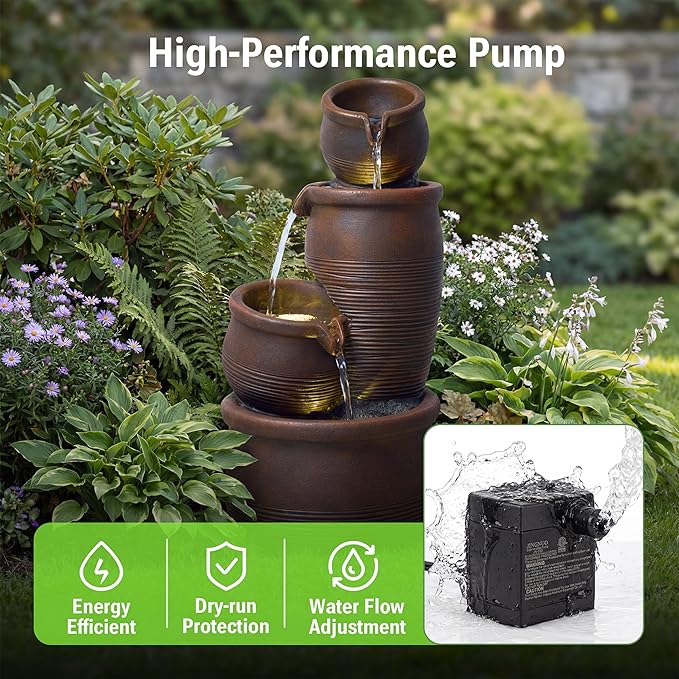 24-Inch Outdoor Water Fountain, 4-Tier Cascading Crocks Resin Garden Waterfall Fountain, with 3 Warm LED Lights, Home Art Decor for Patio, Backyard, Deck, Porch, Farmhouse or Lawn in Brown