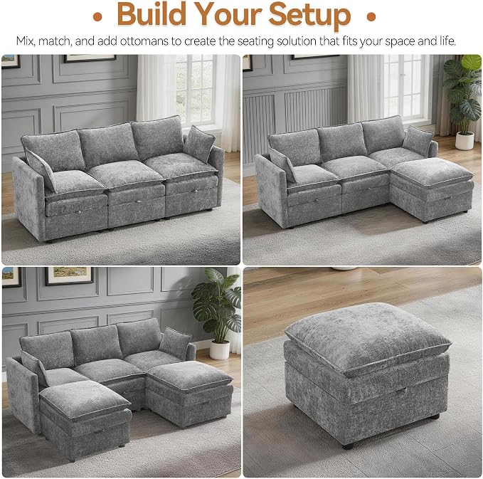 80" Modular L Shaped Storage Sofa with Ottoman, Cloud Sectional Sofa with Hidden Storage, Modern Chenille Couch with Ottoman for Living Room, Light Grey