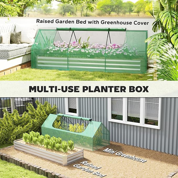Outsunny 8.6 x 3 x 1ft Raised Garden Bed with Mini Greenhouse, Galvanized Raised Garden Bed with Cover for Herbs and Vegetables, Small Greenhouse for Patio Garden Balcony, Green and Silver